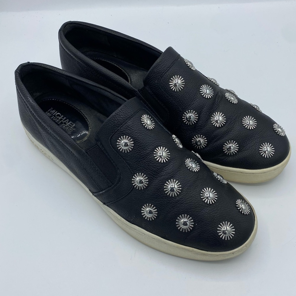 Michael Kors Leo Embellished Studded Black Leather Slip On Sneakers size 9.5